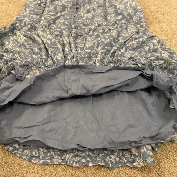 Lucky Brand Lace Trim Ruffle Shoulder Flounce Floral Mini Dress Blue White Small - Picture 9 of 10